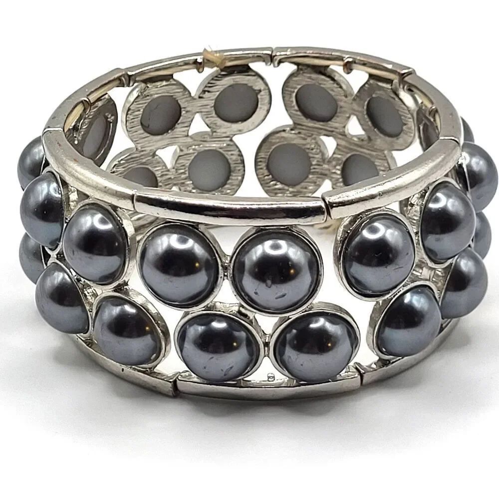 Vintage Chunky Grey Imitation Pearl Cabochon Bracelet Stretchy 7.5in